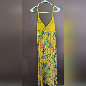 Lulu's Laela Mustard Yellow Floral Print Crochet Print Swim Cover Up